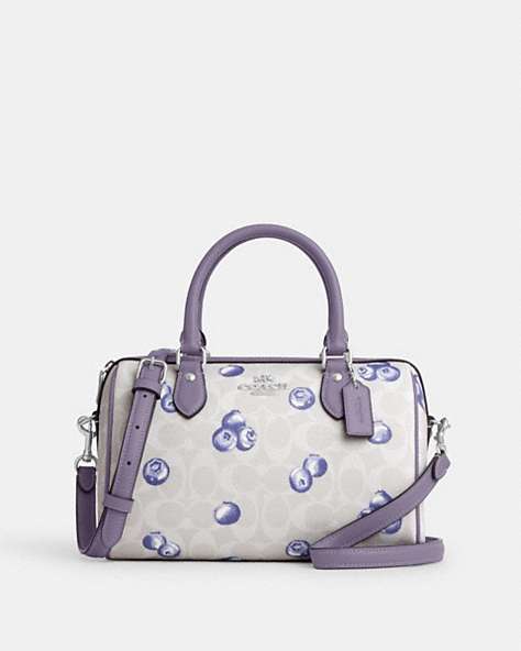 COACH®,ROWAN SATCHEL BAG IN SIGNATURE CANVAS WITH BLUEBERRY PRINT,pvc,Silver/Chalk/Light Violet,Front View