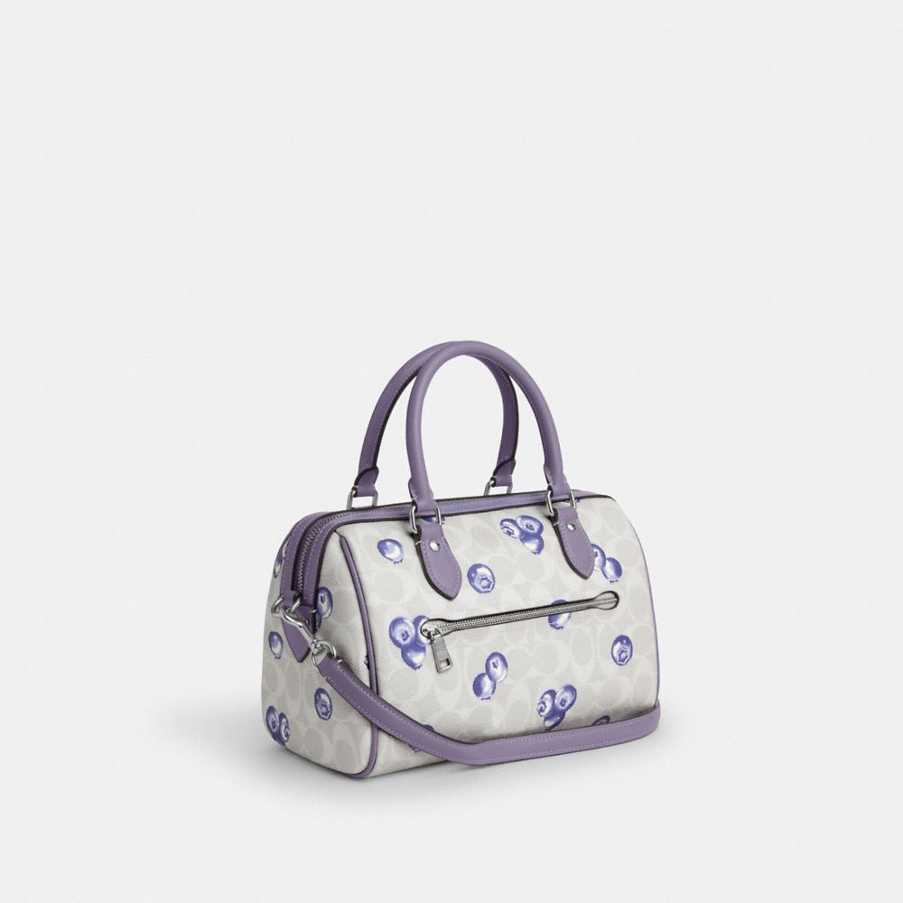 COACH®,ROWAN SATCHEL BAG IN SIGNATURE CANVAS WITH BLUEBERRY PRINT,Signature Canvas,Medium,Silver/Chalk/Light Violet,Angle View