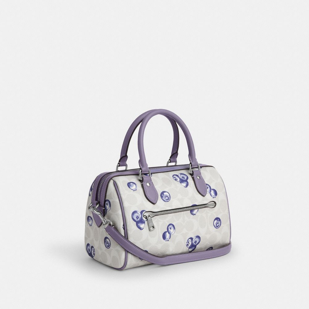 COACH®,ROWAN SATCHEL BAG IN SIGNATURE CANVAS WITH BLUEBERRY PRINT,Signature Canvas,Medium,Silver/Chalk/Light Violet,Angle View