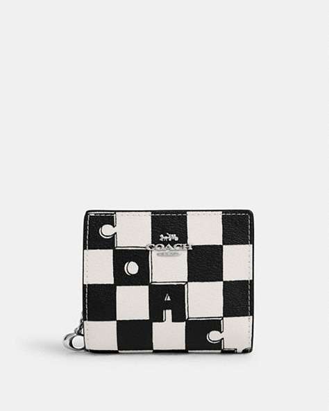 COACH®,SNAP WALLET WITH CHECKERBOARD PRINT,pvc,Mini,Silver/Black/Chalk,Front View