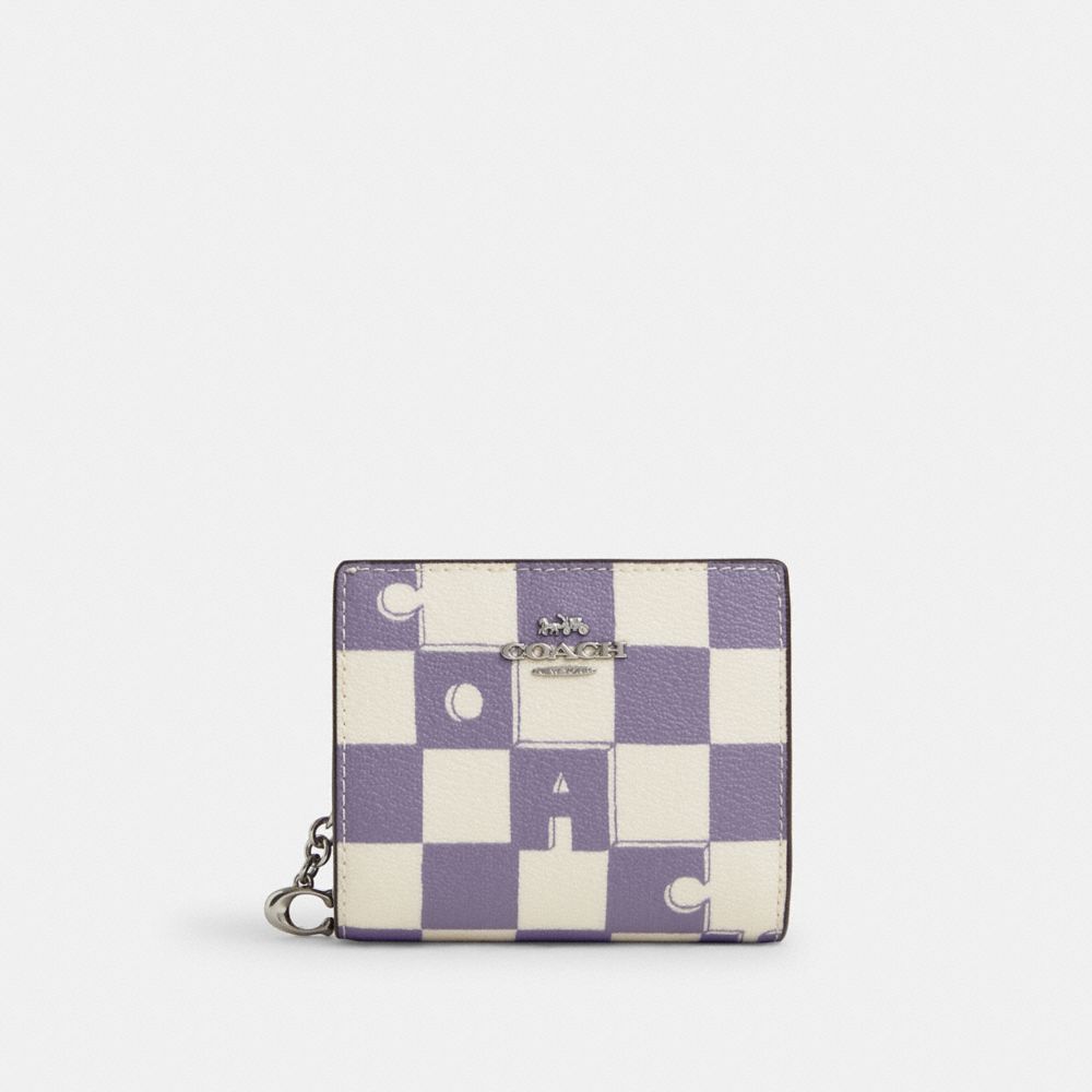 COACH®,SNAP WALLET WITH CHECKERBOARD PRINT,Novelty Print,Mini,Silver/Light Violet/Chalk,Front View