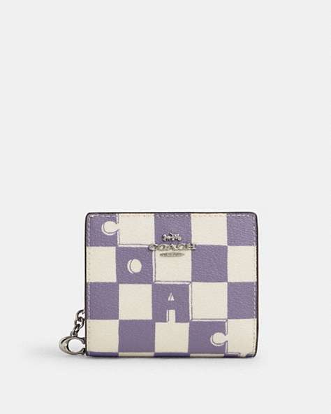 COACH®,SNAP WALLET WITH CHECKERBOARD PRINT,pvc,Mini,Silver/Light Violet/Chalk,Front View