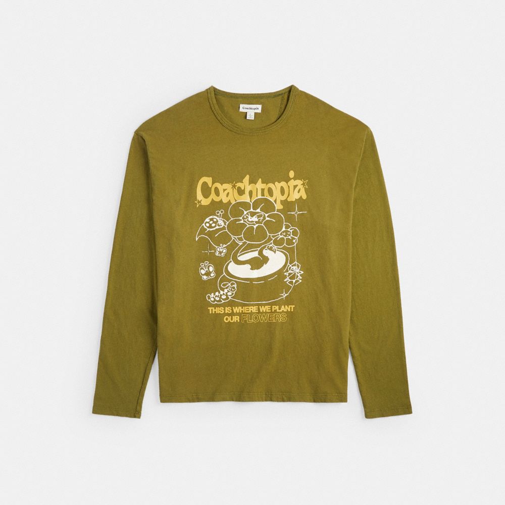 COACH®,ロング スリーブ Tシャツ・97% リサイクル コットン・フラワー ポット,ウェア,ｵﾘｰﾌﾞ ｸﾞﾘｰﾝ ﾏﾙﾁ