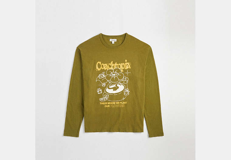 COACH®,Long Sleeve T-Shirt in 97% Recycled Cotton: Flower Pot,97% Recycled Cotton, 3% Recycled Poly,Olive Green Multi,Front View