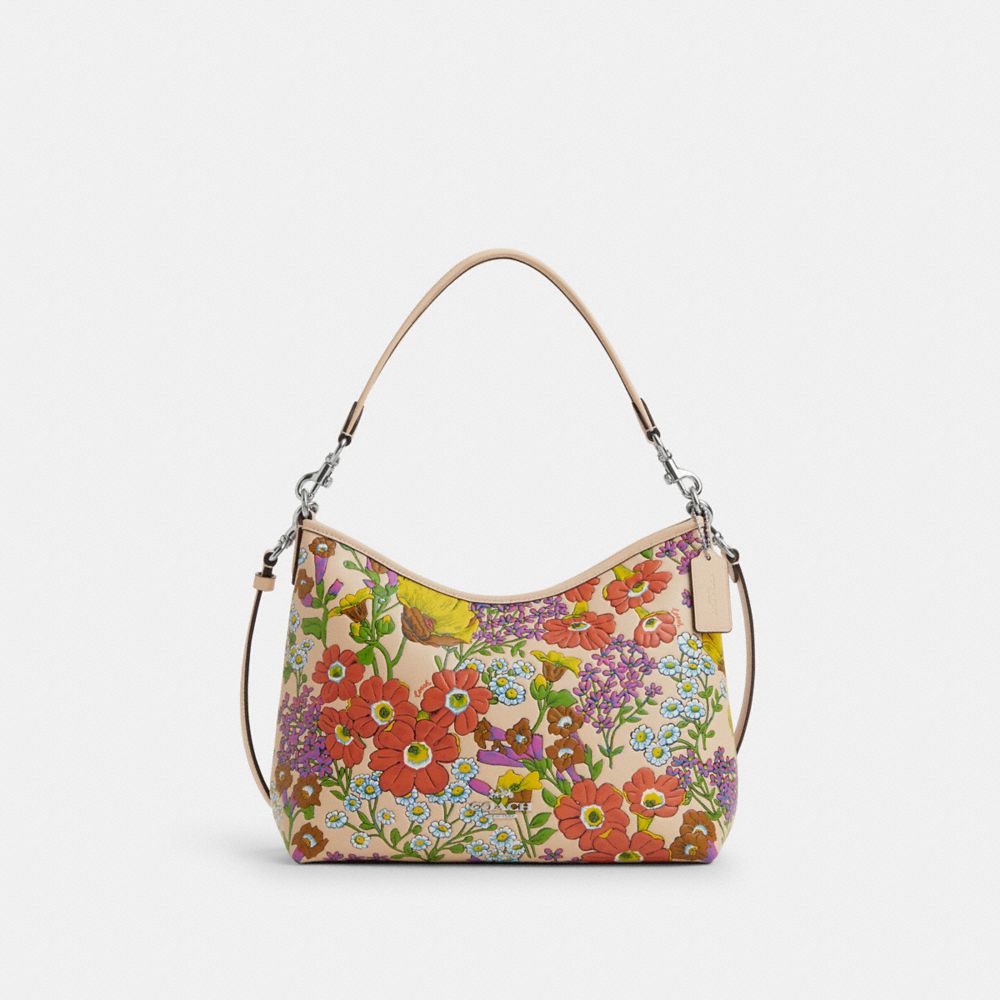 COACH®,LAUREL SHOULDER BAG WITH FLORAL PRINT,Novelty Leather,Medium,Silver/Ivory Multi,Front View