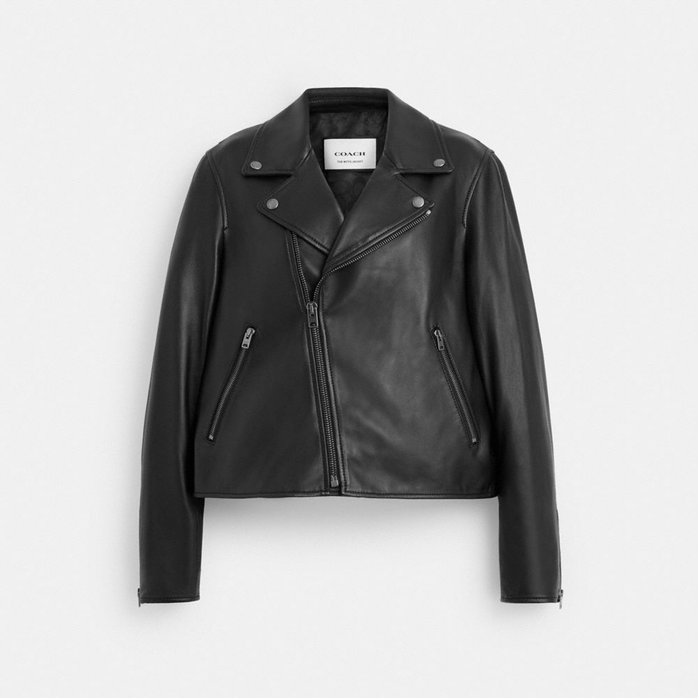 COACH®,Leather Moto Jacket,Black,Front View image number 0