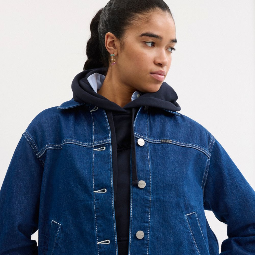 COACH®,Denim Utility Jacket,Cotton,Denim,Logo,Tag Embellishment,Stitching,Casual,,Detail View