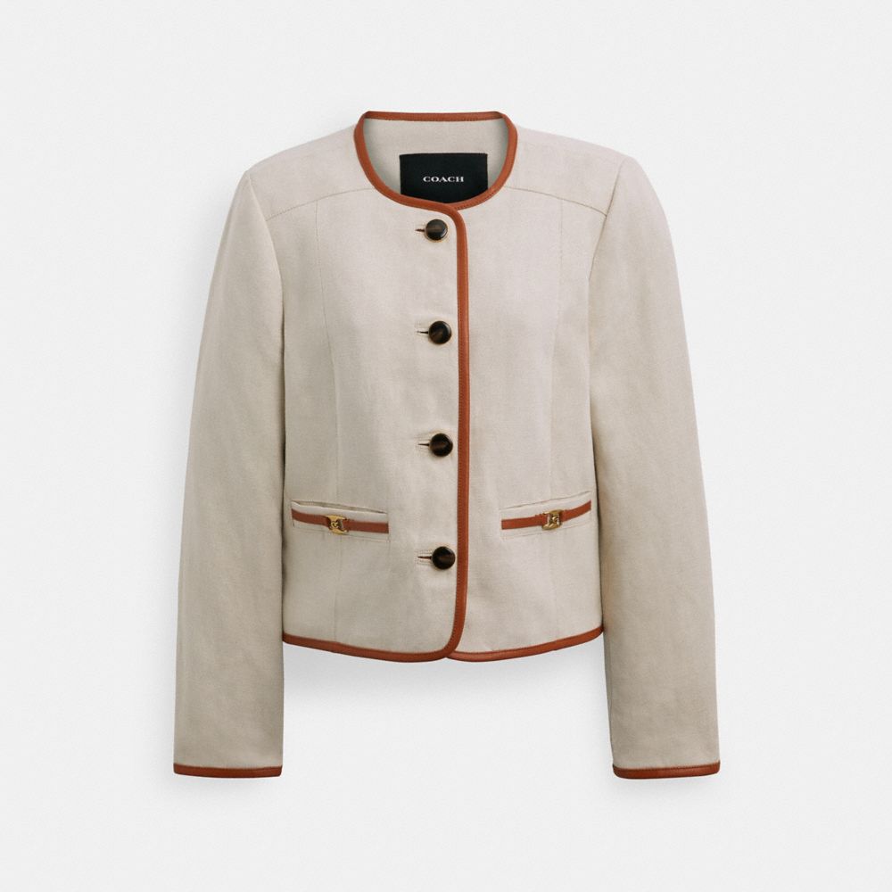 COACH®,HERITAGE C CANVAS CARDIGAN JACKET WITH LEATHER TRIM,Saddle/Cream,Front View image number 0