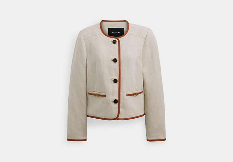COACH®,HERITAGE C CANVAS CARDIGAN JACKET WITH LEATHER TRIM,Saddle/Cream,Front View image number 0