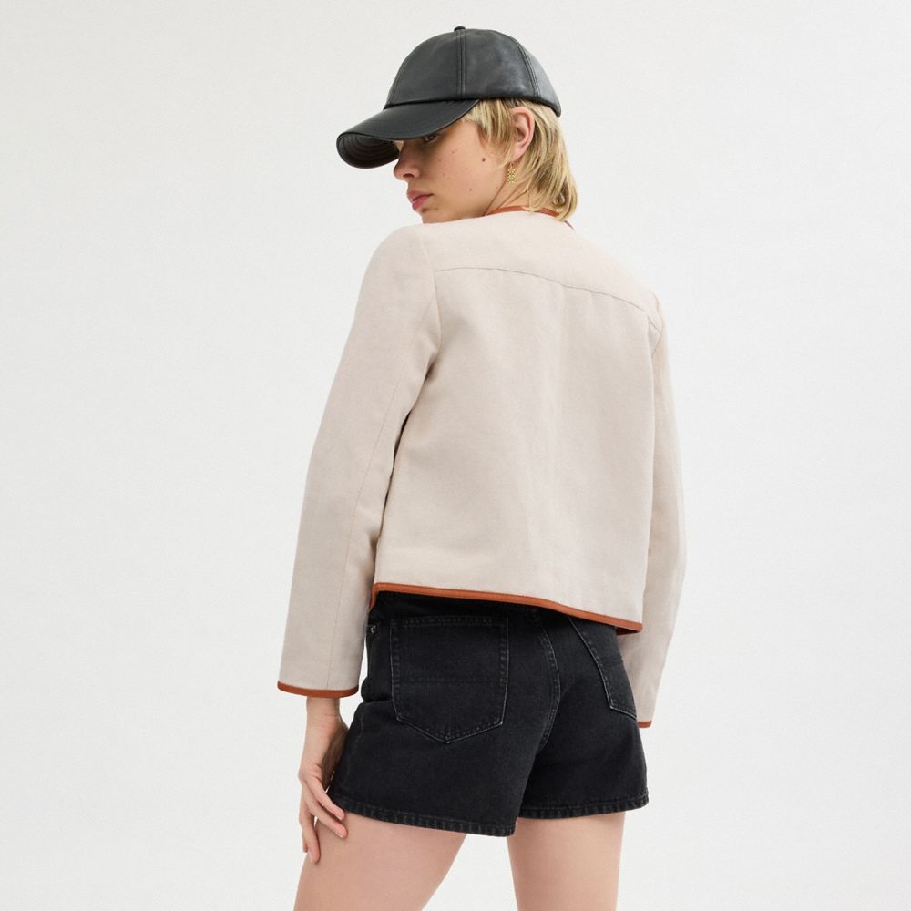 COACH®,HERITAGE C CANVAS CARDIGAN JACKET WITH LEATHER TRIM,cotton,Saddle/Cream,Scale View