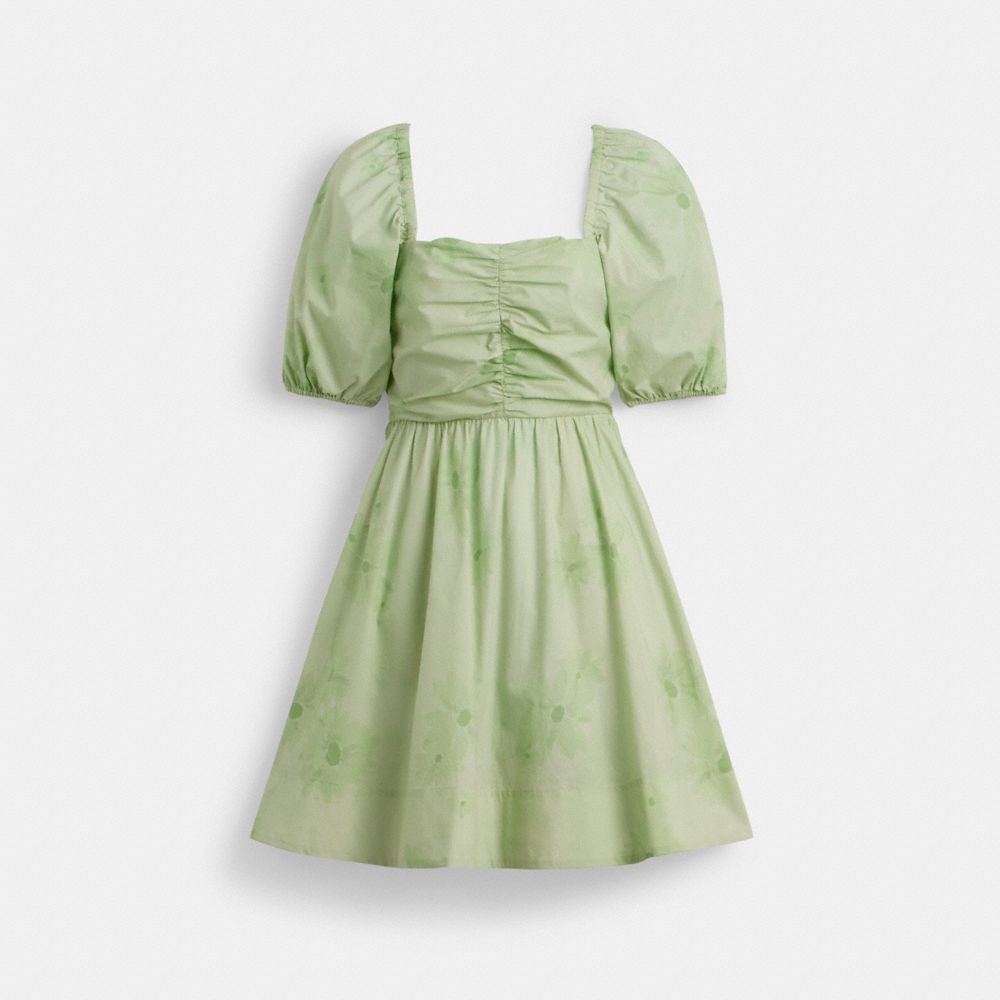COACH®,PUFF SLEEVE MINI DRESS,cotton,Green,Front View image number 0
