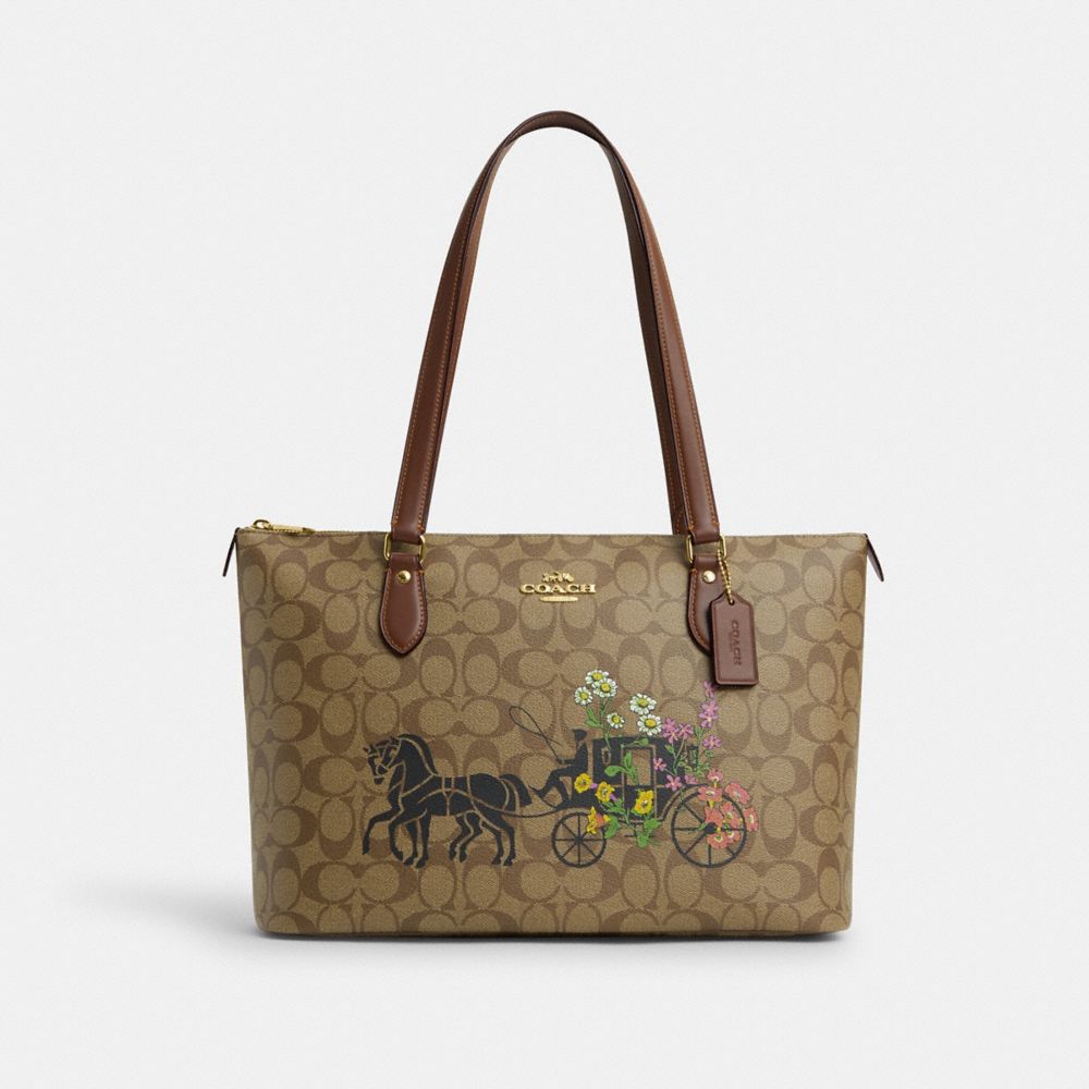COACH®,GALLERY TOTE BAG IN SIGNATURE CANVAS WITH FLORAL HORSE AND CARRIAGE,Novelty Print,Large,Gold/Khaki Multi,Front View