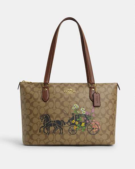 COACH®,GALLERY TOTE IN SIGNATURE CANVAS WITH FLORAL HORSE AND CARRIAGE,pvc,X-Large,Gold/Khaki Multi,Front View