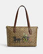 COACH®,GALLERY TOTE BAG IN SIGNATURE CANVAS WITH FLORAL HORSE AND CARRIAGE,pvc,Large,Gold/Khaki Multi,Front View