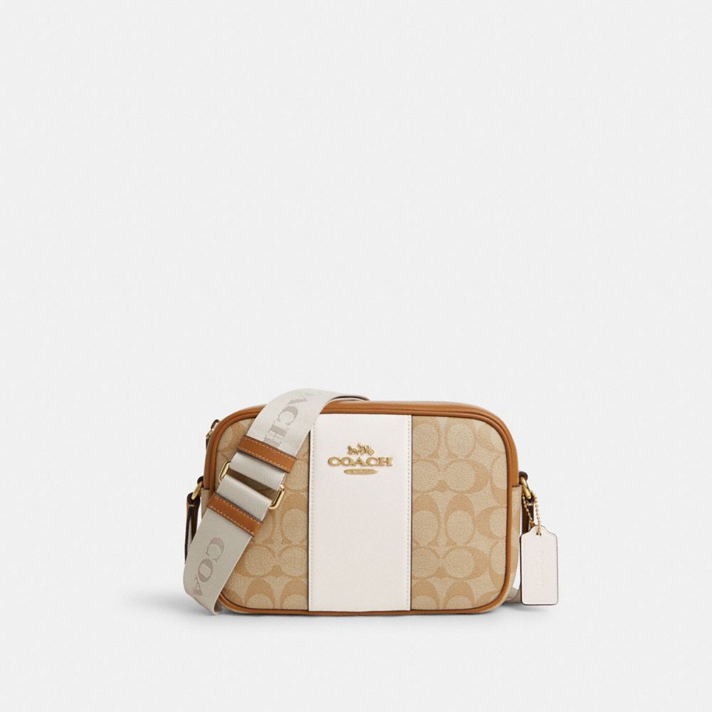 COACH®,JAMIE CAMERA BAG IN SIGNATURE CANVAS WITH STRIPE,Signature Canvas,Medium,Im/Light Khaki/Chalk Lt Saddle,Front View image number 0