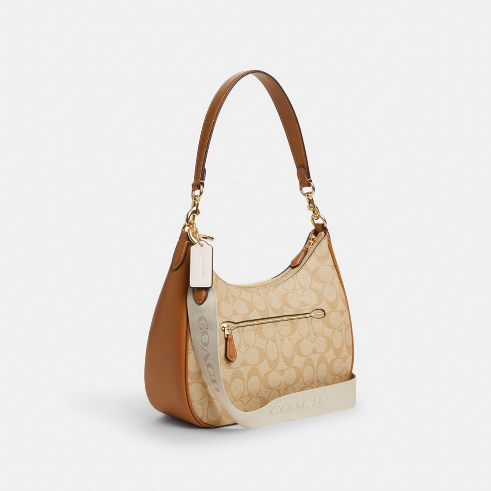 COACH®,TERI HOBO BAG IN SIGNATURE CANVAS WITH STRIPE,Signature Canvas,Im/Light Khaki/Chalk Lt Saddle,Angle View