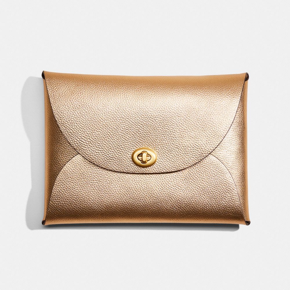 COACH®,Remade Extra Large Pouch,Leather,Pouch,Logo,Casual,Gold,Metallic,Front View