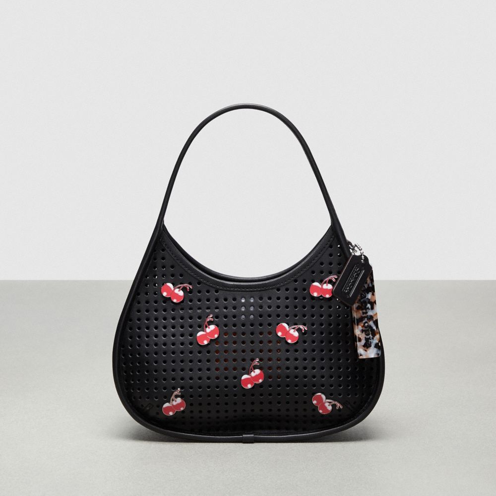 COACH®,Ergo Bag In Perforated Upcrafted Leather With Cherry Pins,Small,Cherry Print,Black,Front View