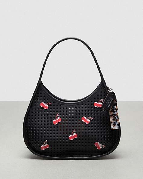 COACH®,Ergo Bag In Perforated Upcrafted Leather With Cherry Pins,Small,Cherry Print,Black,Front View
