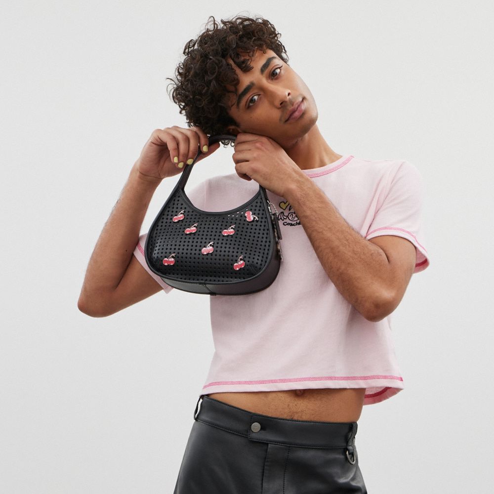 COACH®,Ergo Bag In Perforated Upcrafted Leather With Cherry Pins,Leather,Shoulder Bag,Plastic,Applique,Logo,Embossed,Perfo...,Black,Detail View