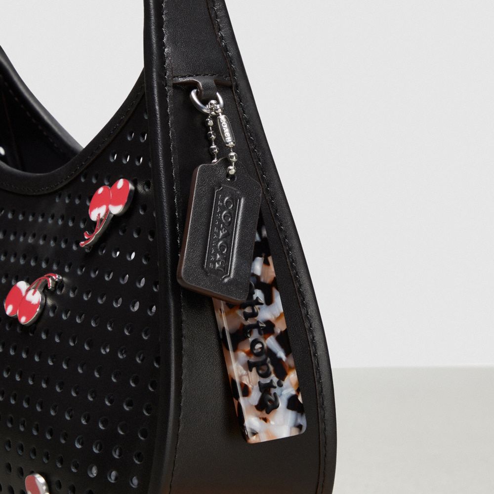COACH®,Ergo Bag In Perforated Upcrafted Leather With Cherry Pins,Leather,Hobo,Plastic,Perforated,Tag Embellishment,Graphic...,Black,Group View