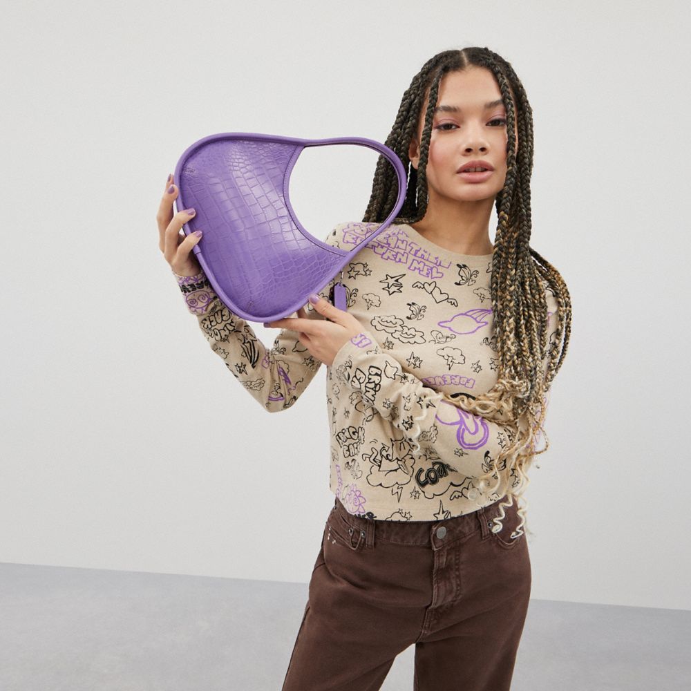 COACH®,Ergo Bag In Croc Embossed Coachtopia Leather,Leather,Shoulder Bag,Plastic,Logo,Embossed,Silver Metal,Day Party,Purple,Detail View