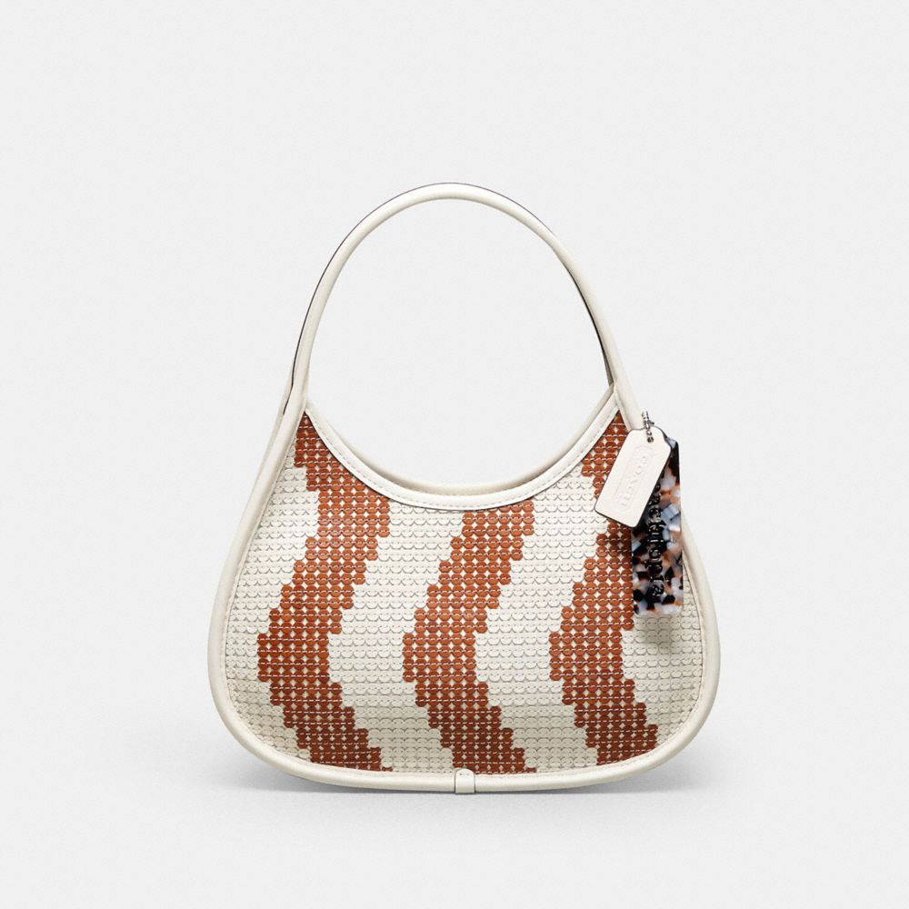 COACH®,Ergo Bag With Wavy Stripe Upcrafted Leather Sequins,Small,Chalk/Brown,Front View