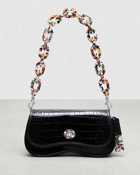 COACH®,Wavy Dinky Bag in Croc-Embossed Coachtopia Leather,Small,Black,Front View