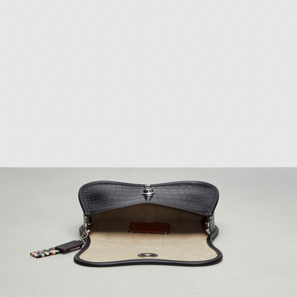 COACH®,Wavy Dinky Bag In Croc Embossed Coachtopia Leather,Leather,Acrylic,Shoulder Bag,Plastic,Embossed,Logo,Chain Detail,...,Black,Inside View,Top View