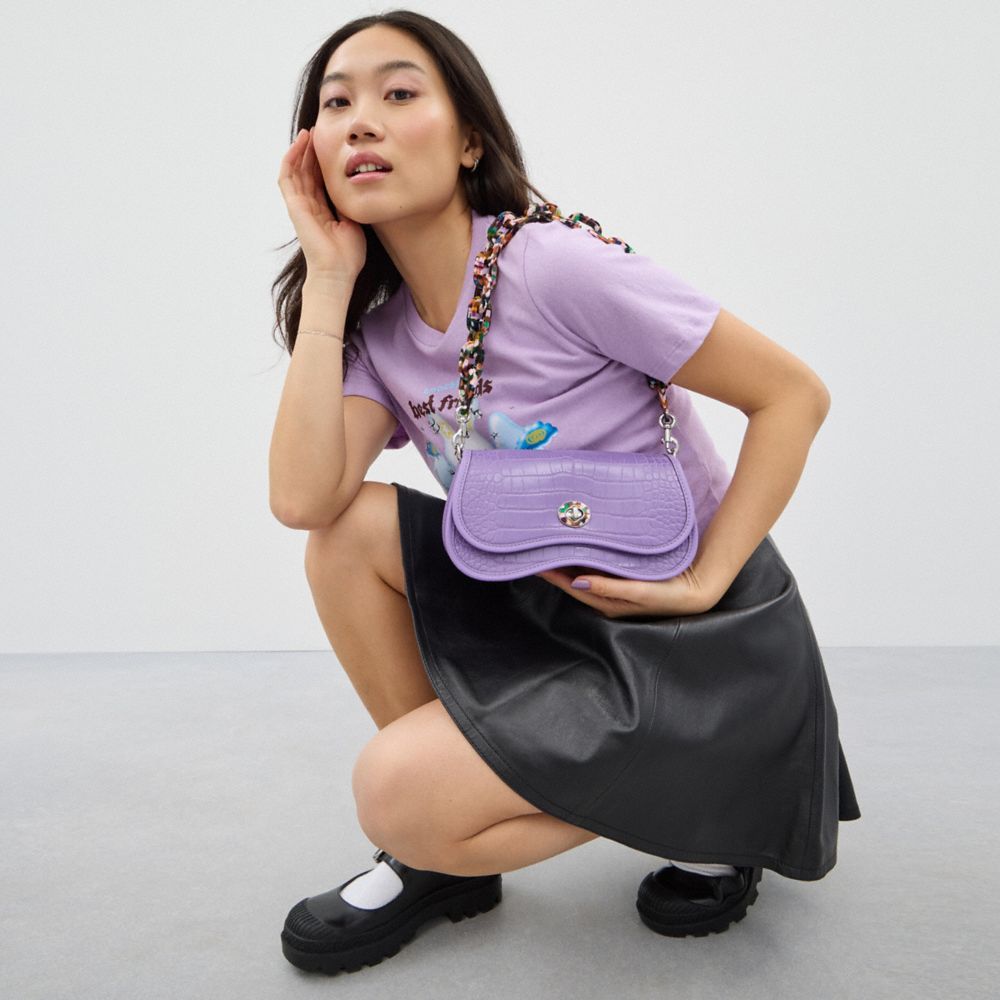 COACH®,Wavy Dinky Bag In Croc Embossed Coachtopia Leather,Leather,Acrylic,Shoulder Bag,Plastic,Embossed,Logo,Chain Detail,...,Purple,Detail View