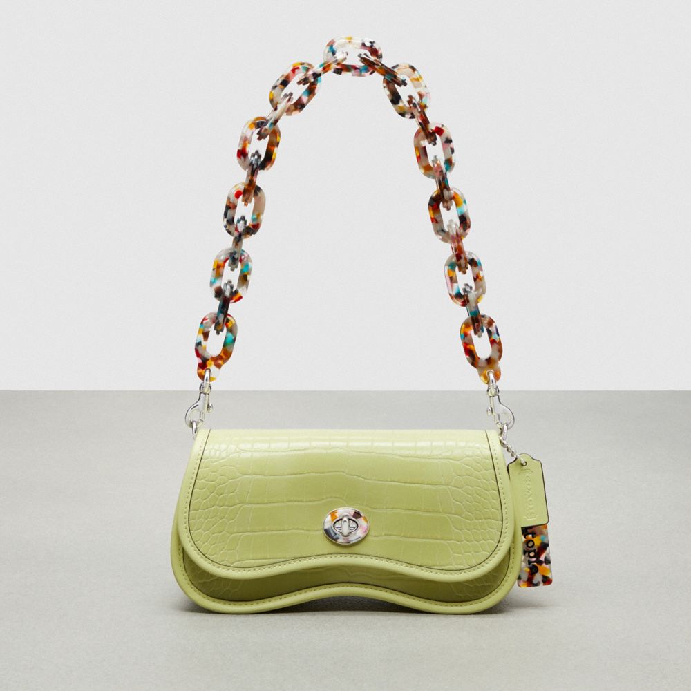 COACH®,Wavy Dinky Bag In Croc-Embossed Coachtopia Leather,Small,Croc-Embossed,Pale Lime,Front View image number 0