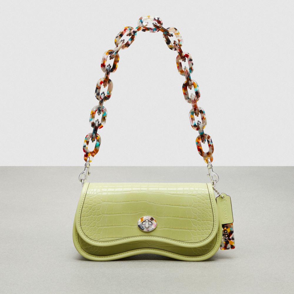 COACH®,Wavy Dinky Bag In Croc-Embossed Coachtopia Leather,Small,Croc-Embossed,Pale Lime,Front View