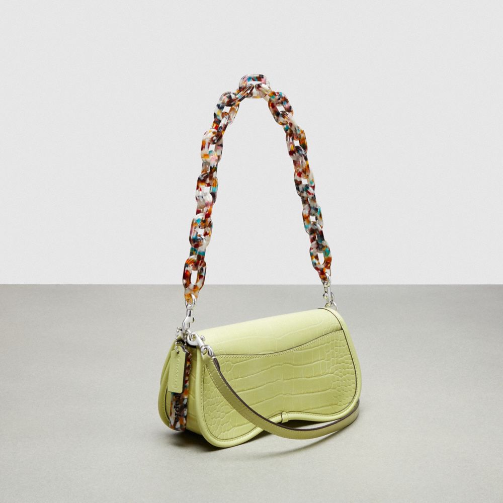COACH®,Wavy Dinky Bag In Croc-Embossed Coachtopia Leather,Small,Croc-Embossed,Pale Lime,Angle View