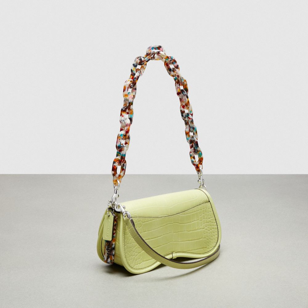 COACH®,Wavy Dinky Bag In Croc Embossed Coachtopia Leather,Acrylic,Leather,Shoulder Bag,Plastic,Embossed,Logo,Chain Detail,...,Green,Angle View