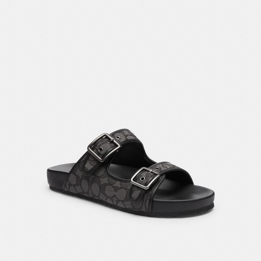 COACH®,BUCKLE STRAP SANDAL IN SIGNATURE JACQUARD,Signature Jacquard,Black,Front View image number 0