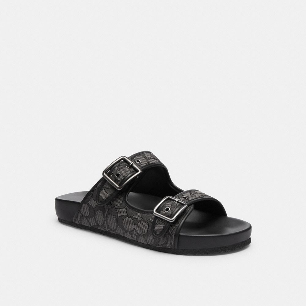 COACH®,BUCKLE STRAP SANDAL IN SIGNATURE JACQUARD,Black,Front View