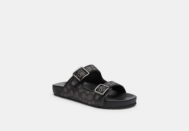 COACH®,BUCKLE STRAP SANDAL IN SIGNATURE JACQUARD,Black,Front View