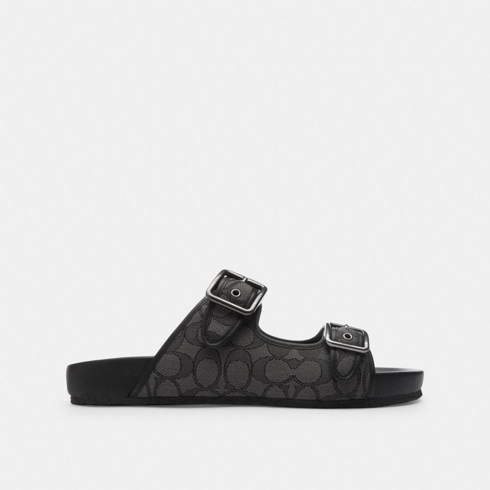 COACH®,BUCKLE STRAP SANDAL IN SIGNATURE JACQUARD,Black,Angle View