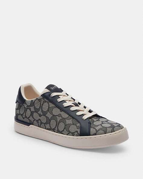 COACH®,CLIP LOW TOP SNEAKER IN SIGNATURE JACQUARD,mixedmaterial,Midnight Navy,Front View