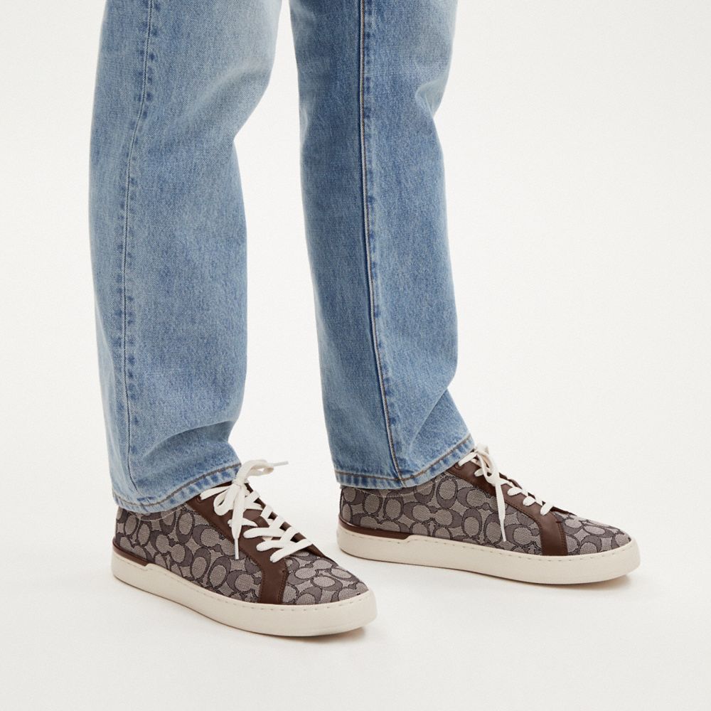 COACH®,Clip Low Top Sneaker In Signature Jacquard,Leather,Polyester,Cotton,Casual,Leather Embellishment,Casual,Multi Color,Detail View