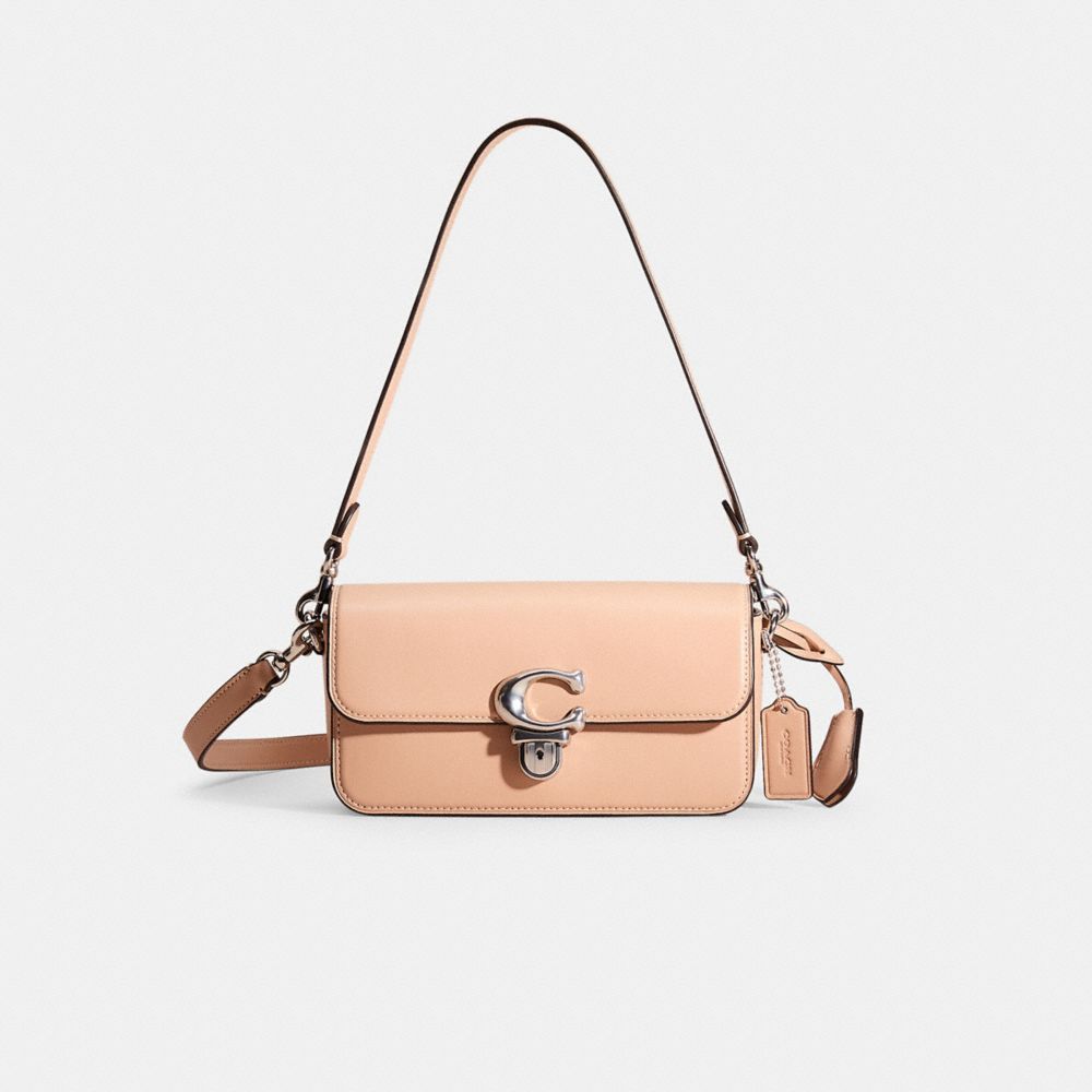 COACH®,Restored Studio Bag 20,Leather,Shoulder Bag,Metal,Logo,Casual,Beige,Front View