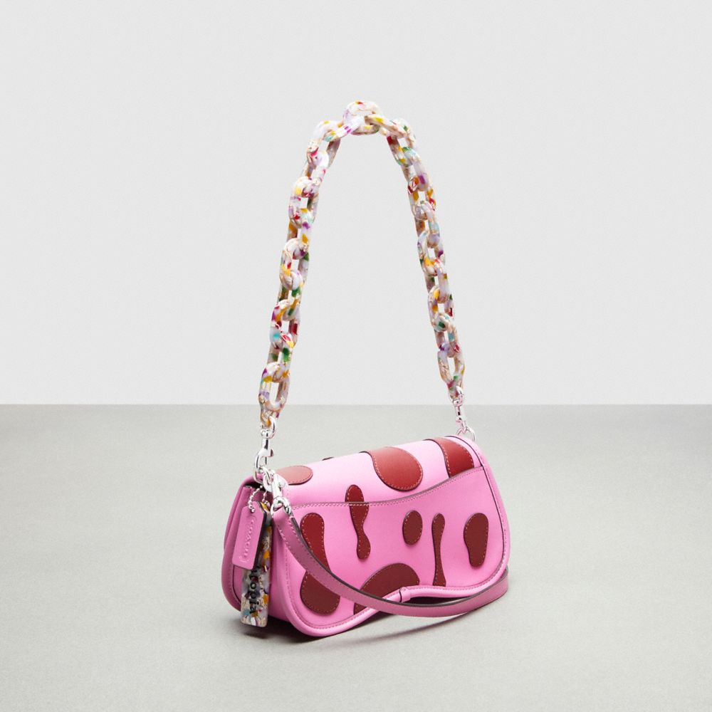 COACH®,Wavy Dinky Bag With Lava Appliqué In Upcrafted Leather,Small,Bright Magenta Multi,Angle View