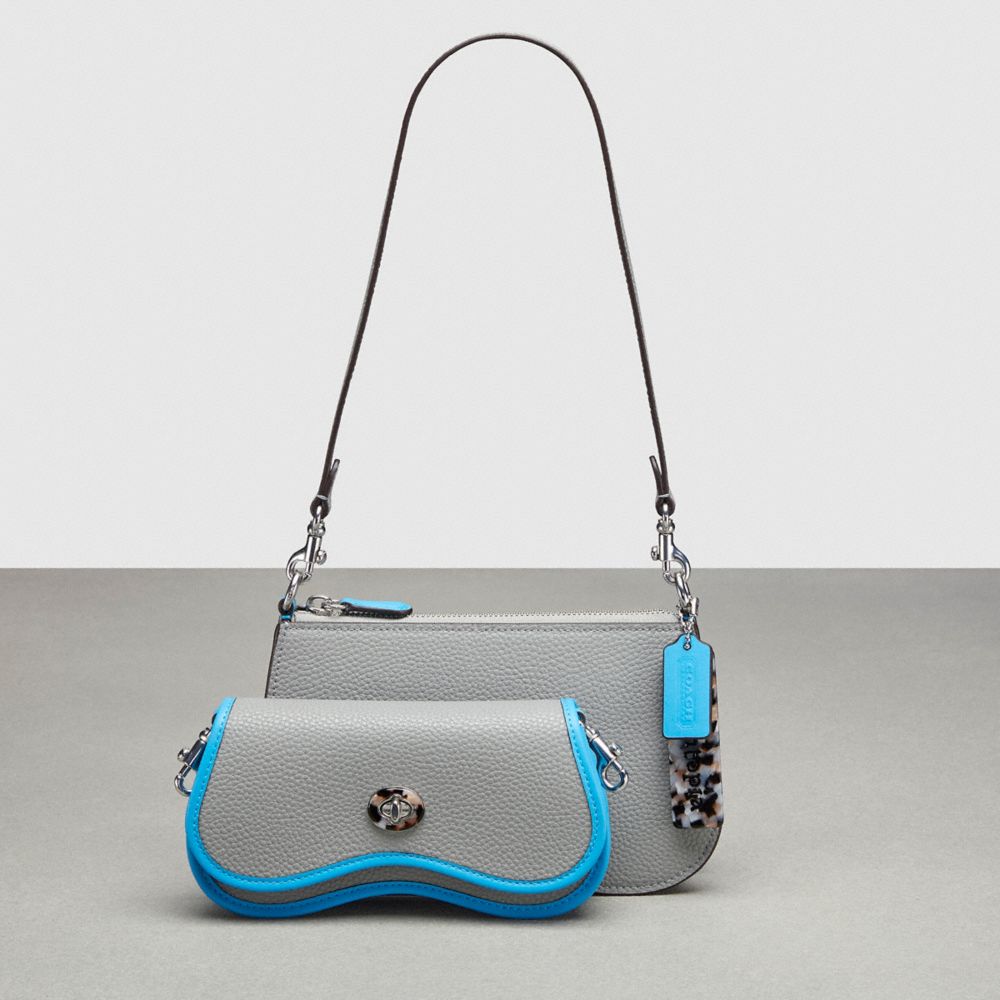 COACH®,Wavy Double Pouch Bag In Coachtopia Leather,Leather,Acrylic,Shoulder Bag,Plastic,Color Block,Set,Silver Metal,Day P...,Gray,Bundle View