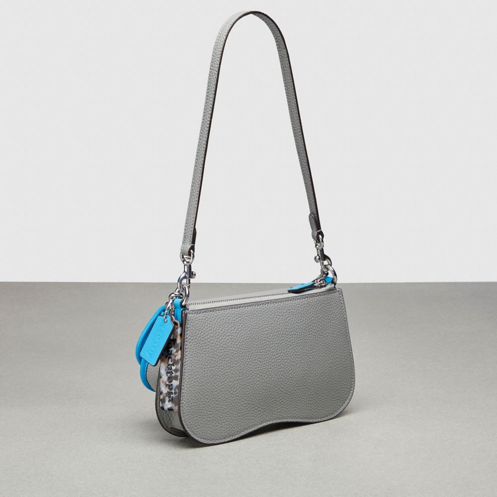 COACH®,Wavy Double Pouch Bag In Coachtopia Leather,Leather,Acrylic,Shoulder Bag,Plastic,Color Block,Set,Silver Metal,Day P...,Gray,Angle View
