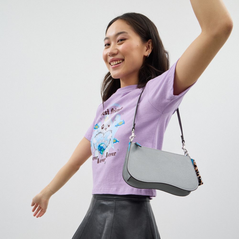 COACH®,Wavy Double Pouch Bag In Coachtopia Leather,Leather,Acrylic,Shoulder Bag,Plastic,Tag Embellishment,Piping,2 in 1,Si...,Gray,Detail View