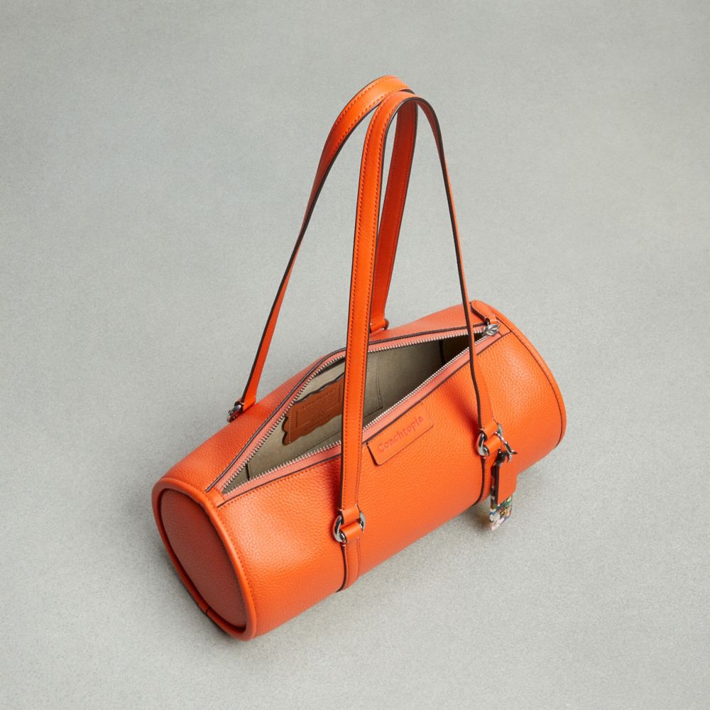 COACH®,Barrel Bag In Coachtopia Leather,Leather,Acrylic,Barrel Bag,Shoulder Bag,Plastic,Logo,Word Embellishment,Embossed,S...,Orange,Inside View,Top View