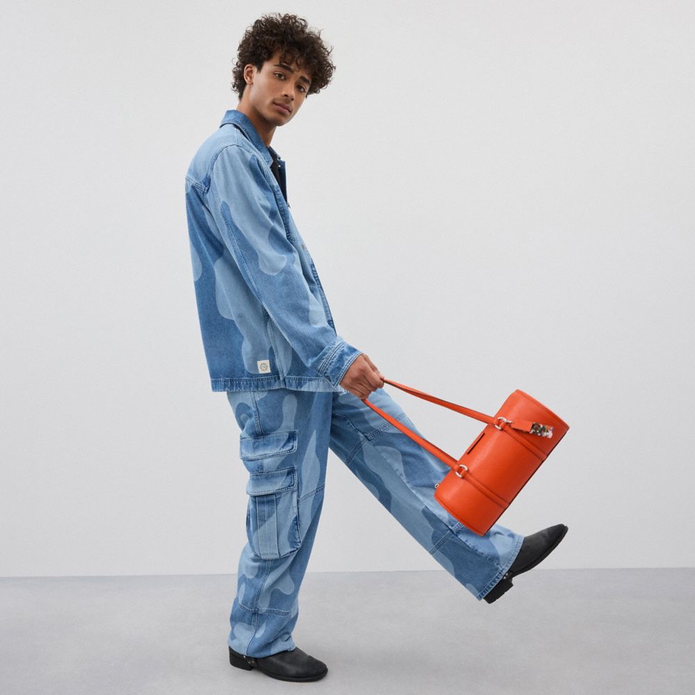 COACH®,Barrel Bag In Coachtopia Leather,Leather,Acrylic,Barrel Bag,Shoulder Bag,Plastic,Logo,Word Embellishment,Embossed,S...,Orange,Detail View