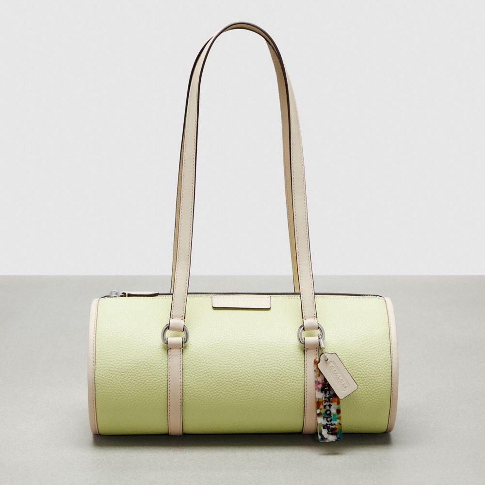 COACH®,Barrel Bag In Pebbled Coachtopia Leather,Medium,Pale Lime/Cloud,Front View