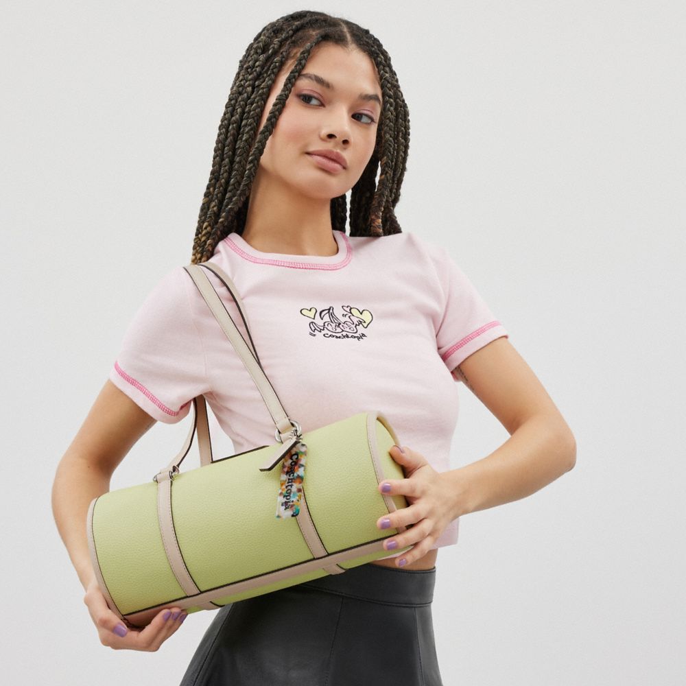 COACH®,Barrel Bag In Coachtopia Leather,Leather,Acrylic,Barrel Bag,Plastic,Tag Embellishment,Silver Metal,Casual,Green,Detail View