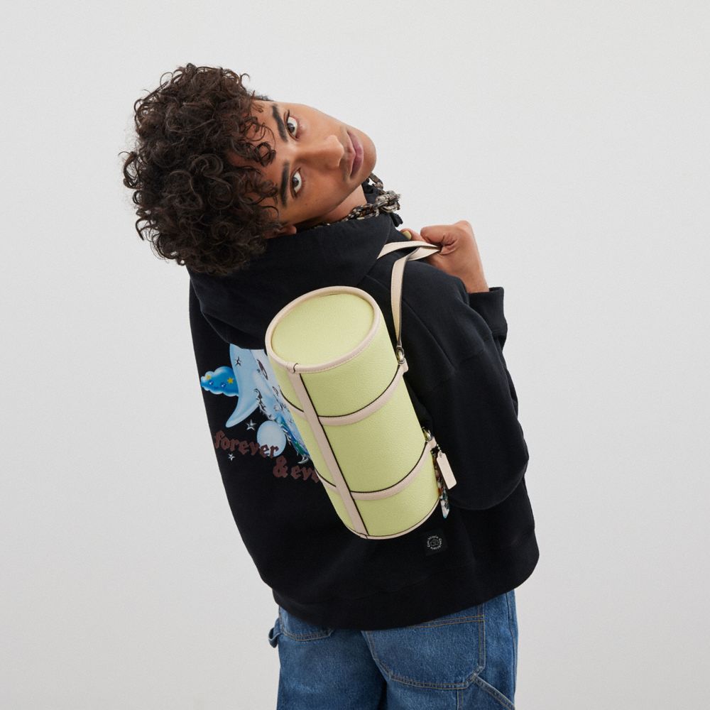 COACH®,Barrel Bag In Coachtopia Leather,Leather,Acrylic,Barrel Bag,Plastic,Tag Embellishment,Silver Metal,Casual,Green,Detail View